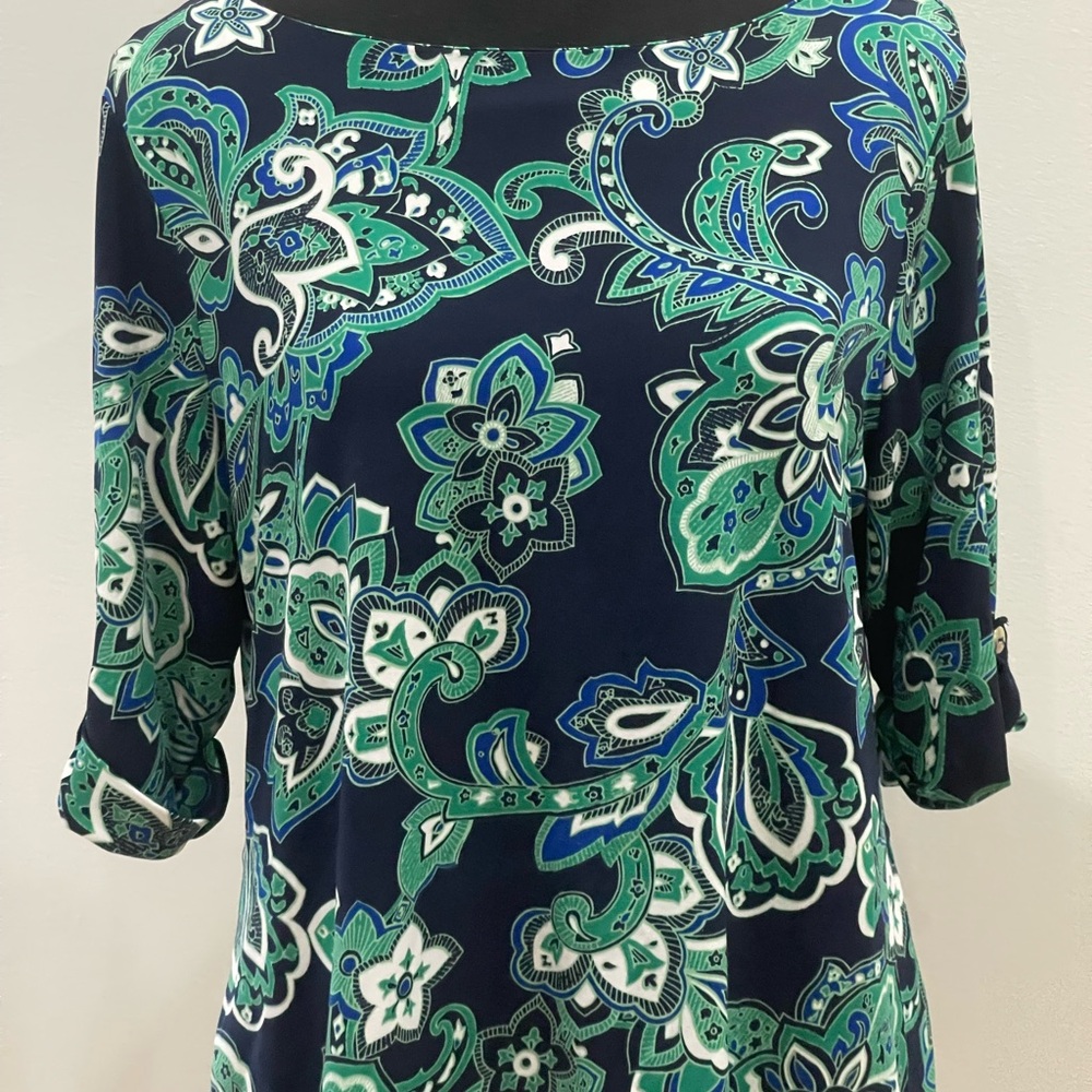Charter Club M Petite Navy Patterned Blouse‎ with Cuffed Sleeves and Stretch - Picture 7 of 7